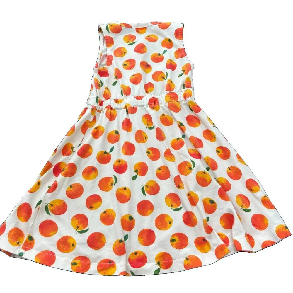 Crewcuts Sleeveless Dress Orange Fruit Print Button Front Drawstring Cotton Sz 5